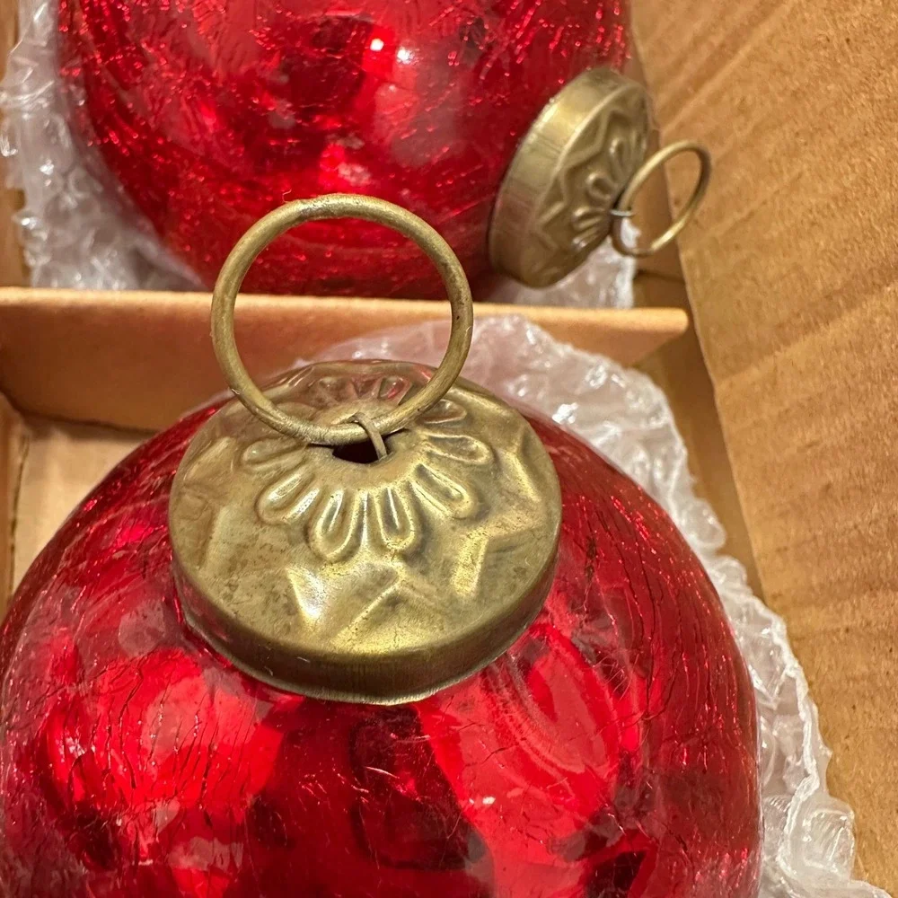 Restoration Hardware Red Crackle Glass Christmas Ornaments Set of 6 Brass Top‎